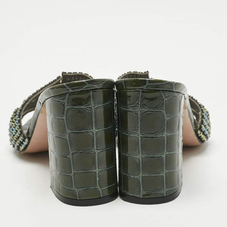 Pre Owned Gina Green Croc Embossed Patent Leather Crystals Embellished Slide Sandals Size 38.5