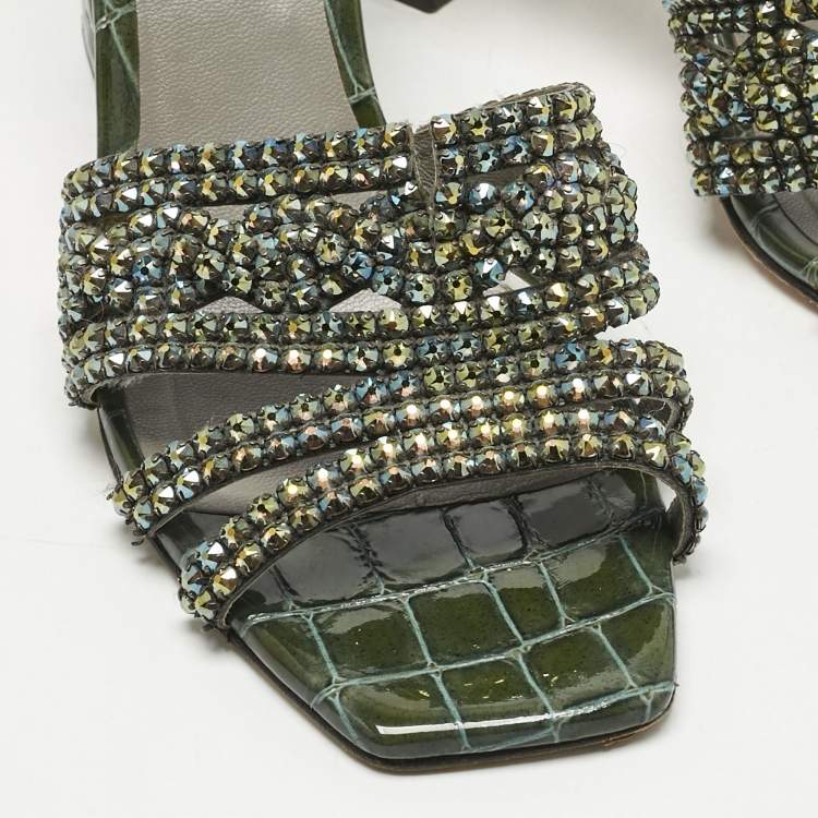Pre Owned Gina Green Croc Embossed Patent Leather Crystals Embellished Slide Sandals Size 38.5