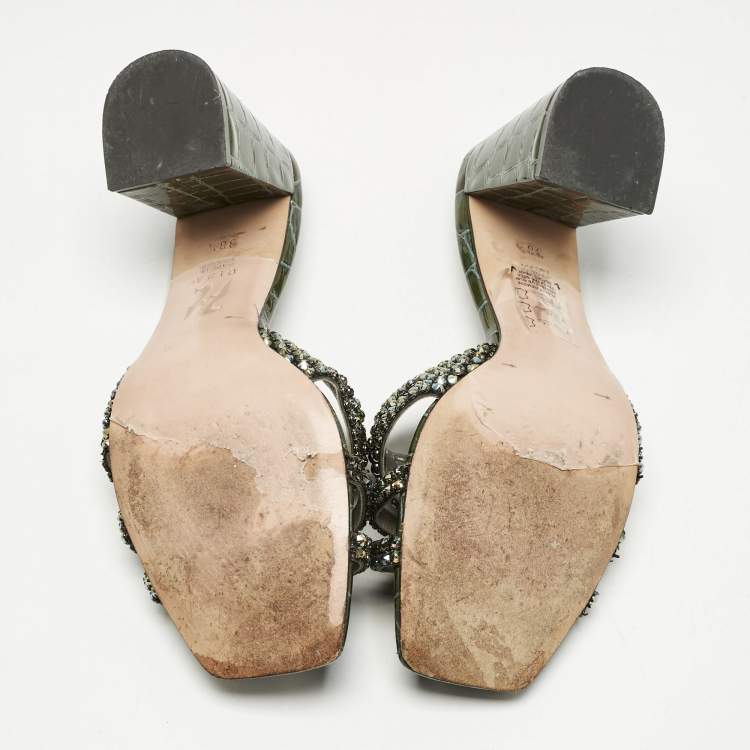 Pre Owned Gina Green Croc Embossed Patent Leather Crystals Embellished Slide Sandals Size 38.5