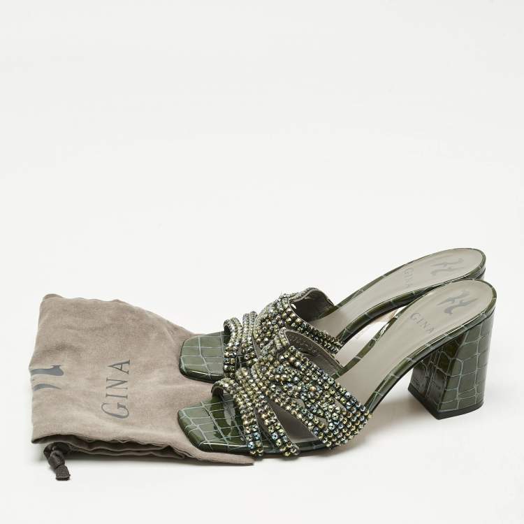 Pre Owned Gina Green Croc Embossed Patent Leather Crystals Embellished Slide Sandals Size 38.5