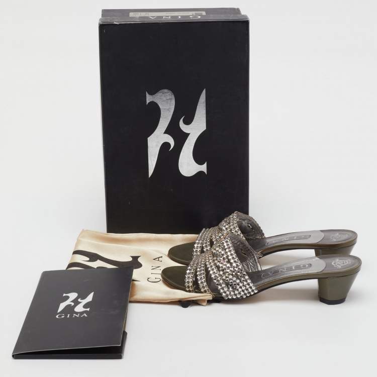 مملوكة مسبقًا Gina Grey Leather Galaxy Crystals Slide Sandals Size 38