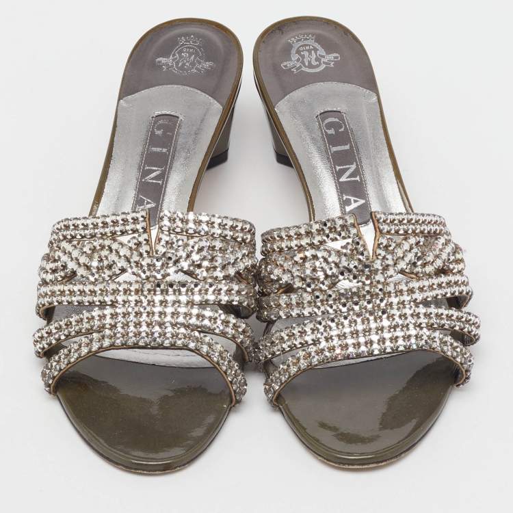 مملوكة مسبقًا Gina Grey Leather Galaxy Crystals Slide Sandals Size 38