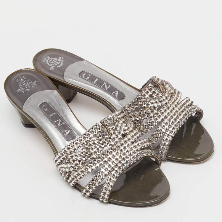 مملوكة مسبقًا Gina Grey Leather Galaxy Crystals Slide Sandals Size 38