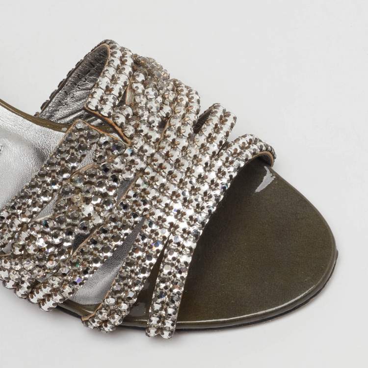 مملوكة مسبقًا Gina Grey Leather Galaxy Crystals Slide Sandals Size 38