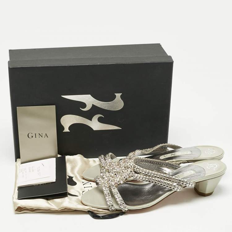 Pre Owned Gina Silver/Grey Crystal Embellished Leather Anabell Slide Sandals Size 40
