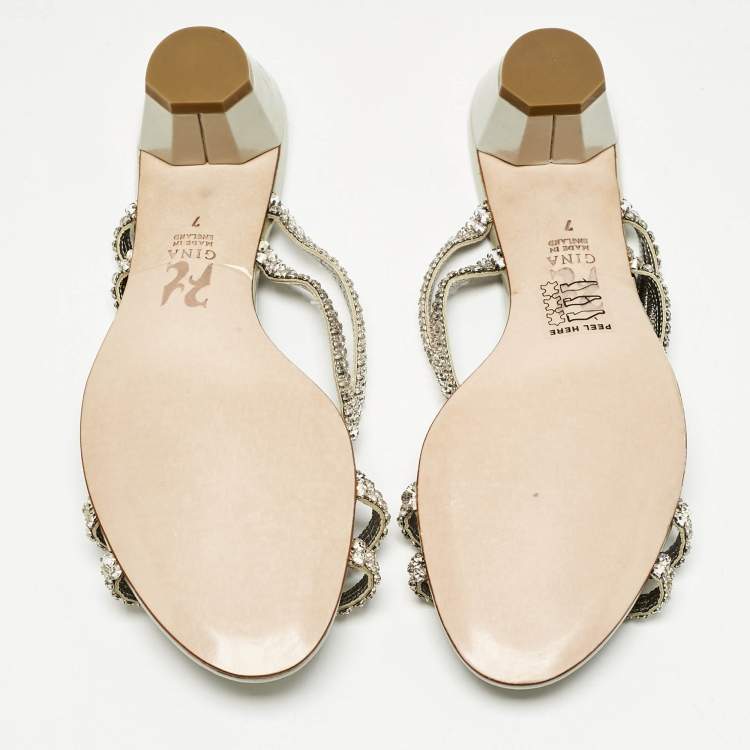 Pre Owned Gina Silver/Grey Crystal Embellished Leather Anabell Slide Sandals Size 40