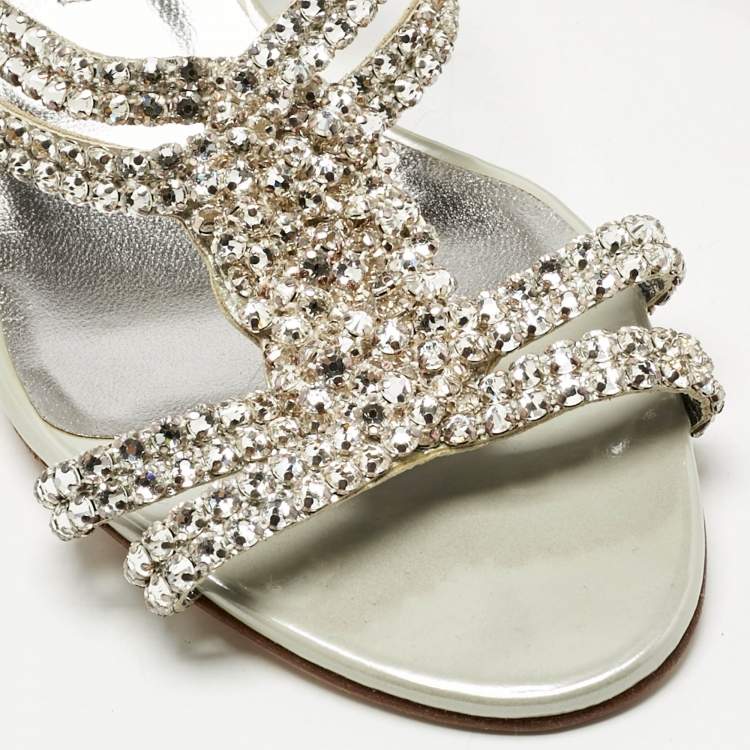 Pre Owned Gina Silver/Grey Crystal Embellished Leather Anabell Slide Sandals Size 40