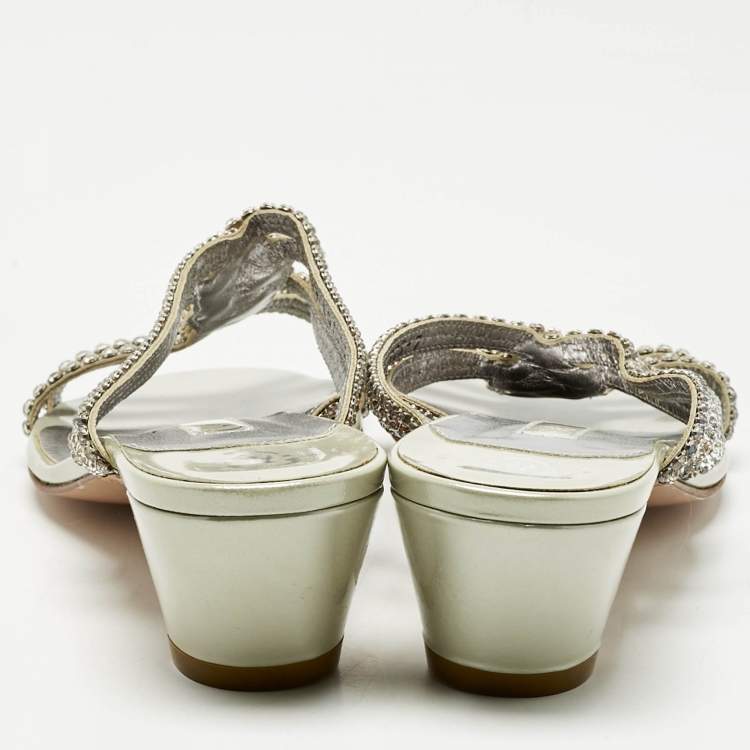Pre Owned Gina Silver/Grey Crystal Embellished Leather Anabell Slide Sandals Size 40