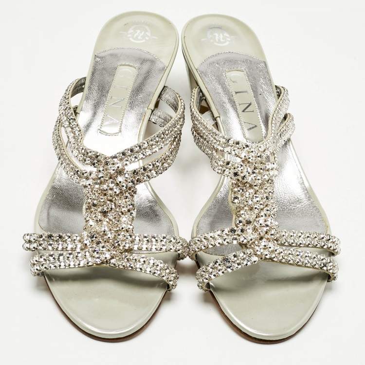 Pre Owned Gina Silver/Grey Crystal Embellished Leather Anabell Slide Sandals Size 40