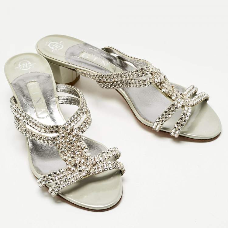 Pre Owned Gina Silver/Grey Crystal Embellished Leather Anabell Slide Sandals Size 40