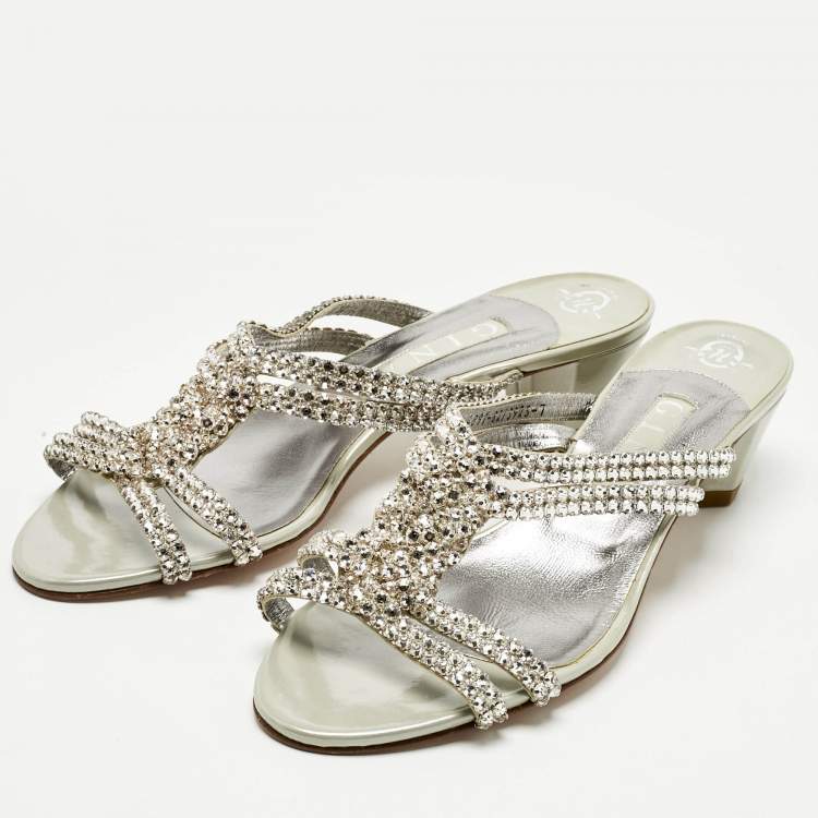 Pre Owned Gina Silver/Grey Crystal Embellished Leather Anabell Slide Sandals Size 40