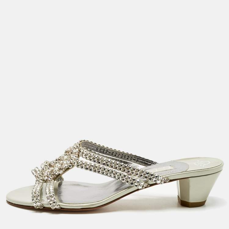 Pre Owned Gina Silver/Grey Crystal Embellished Leather Anabell Slide Sandals Size 40