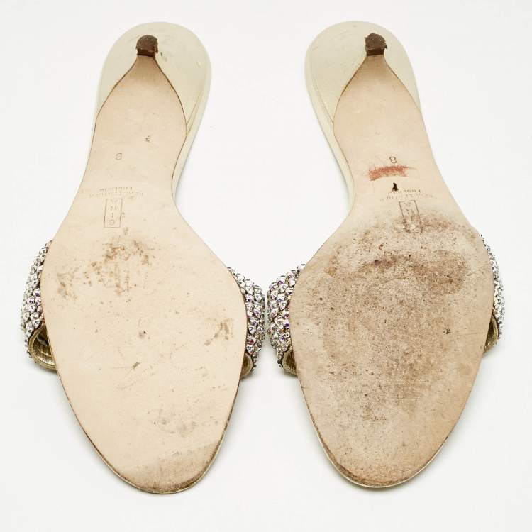Pre Owned Gina Gold Leather Crystals Embellished Sain Slide Sandals Size 41