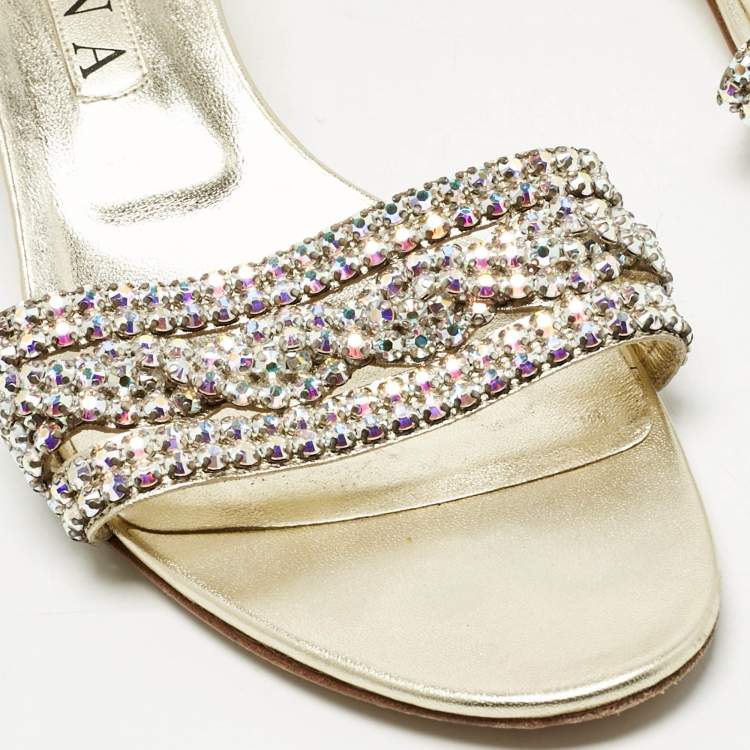 Pre Owned Gina Gold Leather Crystals Embellished Sain Slide Sandals Size 41