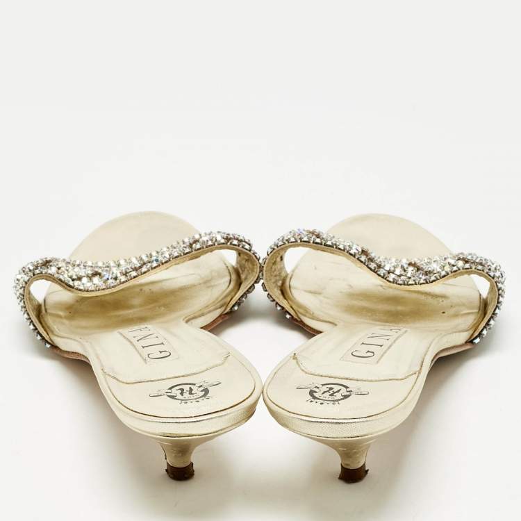 Pre Owned Gina Gold Leather Crystals Embellished Sain Slide Sandals Size 41