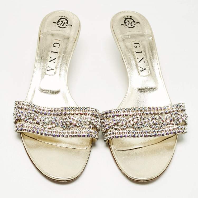 Pre Owned Gina Gold Leather Crystals Embellished Sain Slide Sandals Size 41