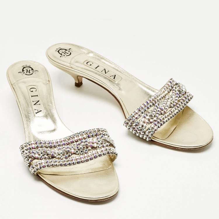 Pre Owned Gina Gold Leather Crystals Embellished Sain Slide Sandals Size 41