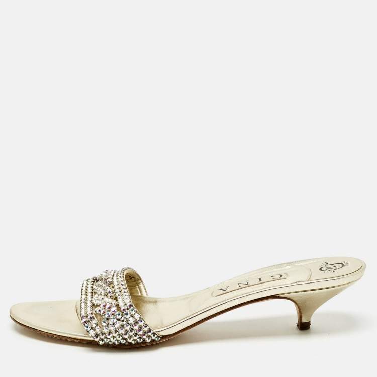 Pre Owned Gina Gold Leather Crystals Embellished Sain Slide Sandals Size 41