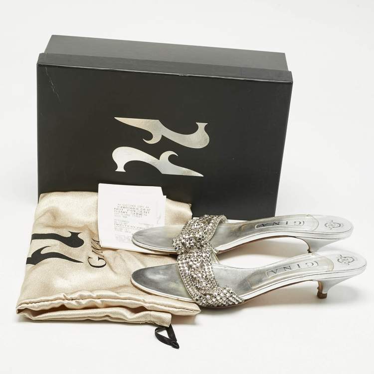 Pre Owned Gina Silver Leather Crystal Embellished  Sain Slide Sandals Size 39.5