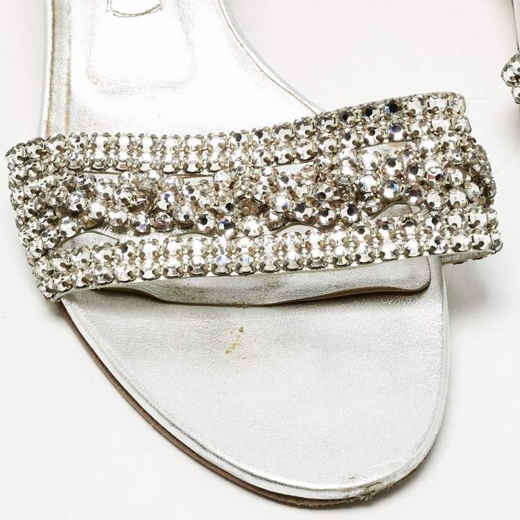 Pre Owned Gina Silver Leather Crystal Embellished  Sain Slide Sandals Size 39.5
