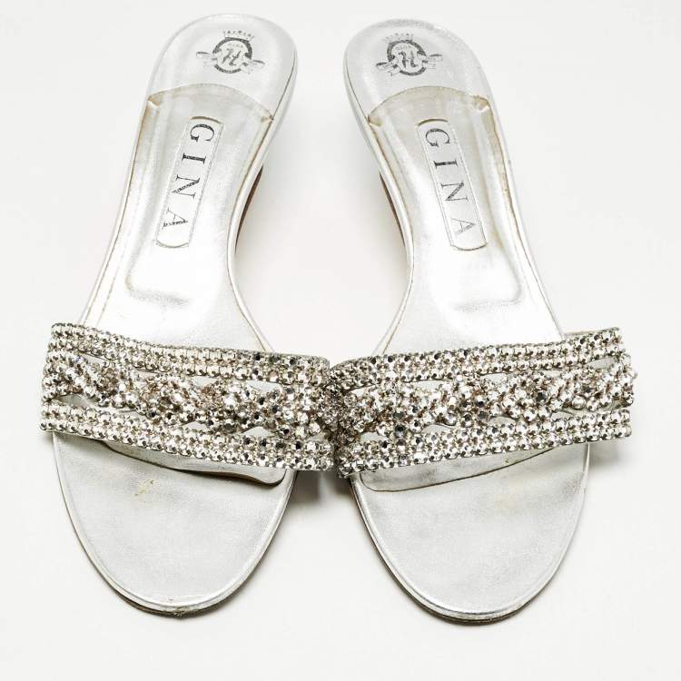 Pre Owned Gina Silver Leather Crystal Embellished  Sain Slide Sandals Size 39.5