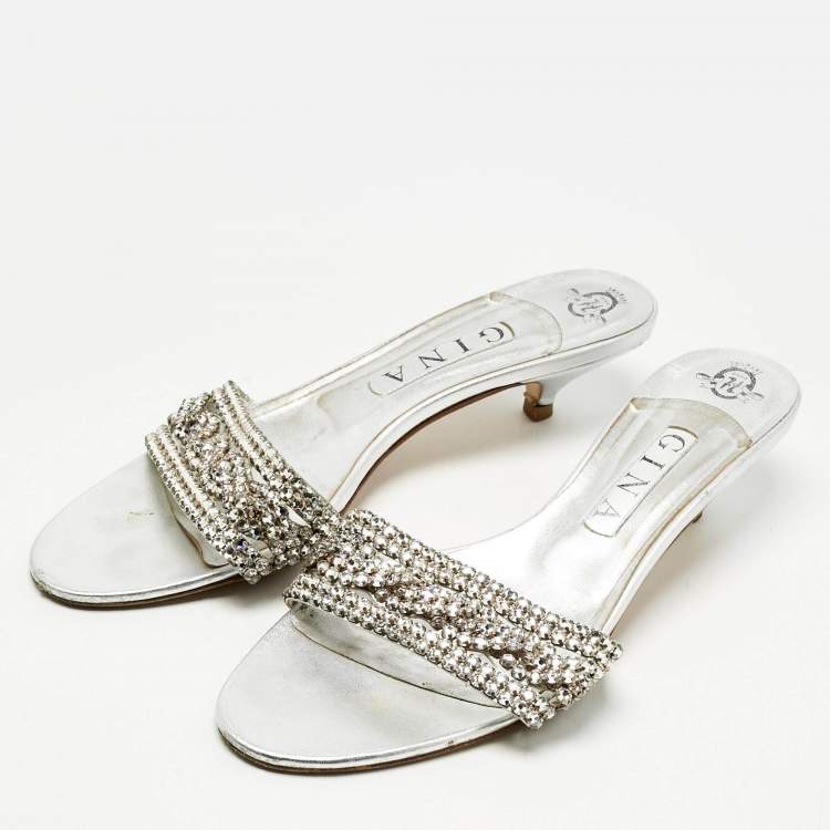 Pre Owned Gina Silver Leather Crystal Embellished  Sain Slide Sandals Size 39.5