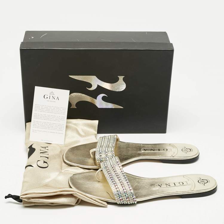 Pre Owned Gina Gold Leather Crystal Embellished Aurora Flat Slides Size 41