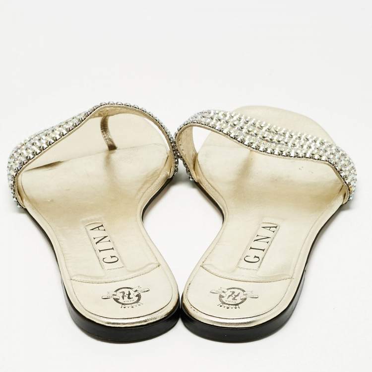 Pre Owned Gina Gold Leather Crystal Embellished Aurora Flat Slides Size 41