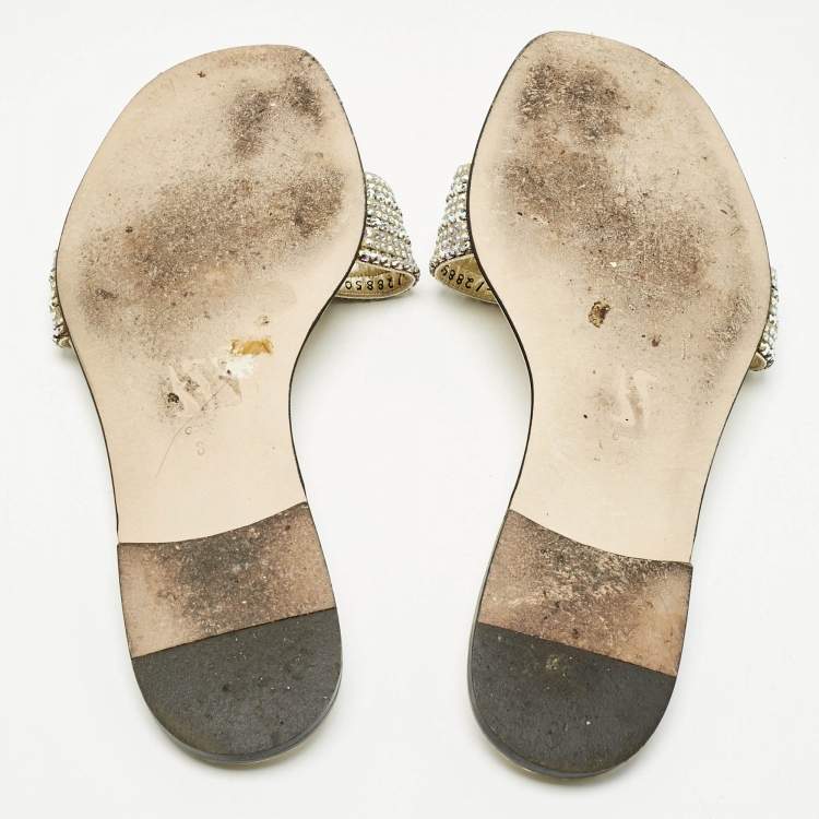 Pre Owned Gina Gold Leather Crystal Embellished Aurora Flat Slides Size 41