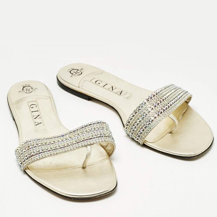 Pre Owned Gina Gold Leather Crystal Embellished Aurora Flat Slides Size 41