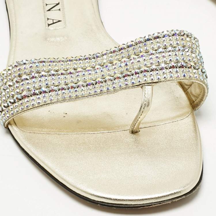 Pre Owned Gina Gold Leather Crystal Embellished Aurora Flat Slides Size 41