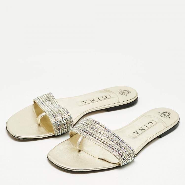 Pre Owned Gina Gold Leather Crystal Embellished Aurora Flat Slides Size 41