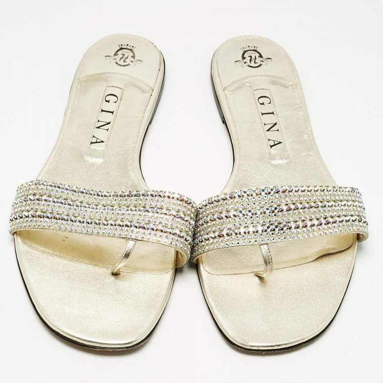 Pre Owned Gina Gold Leather Crystal Embellished Aurora Flat Slides Size 41