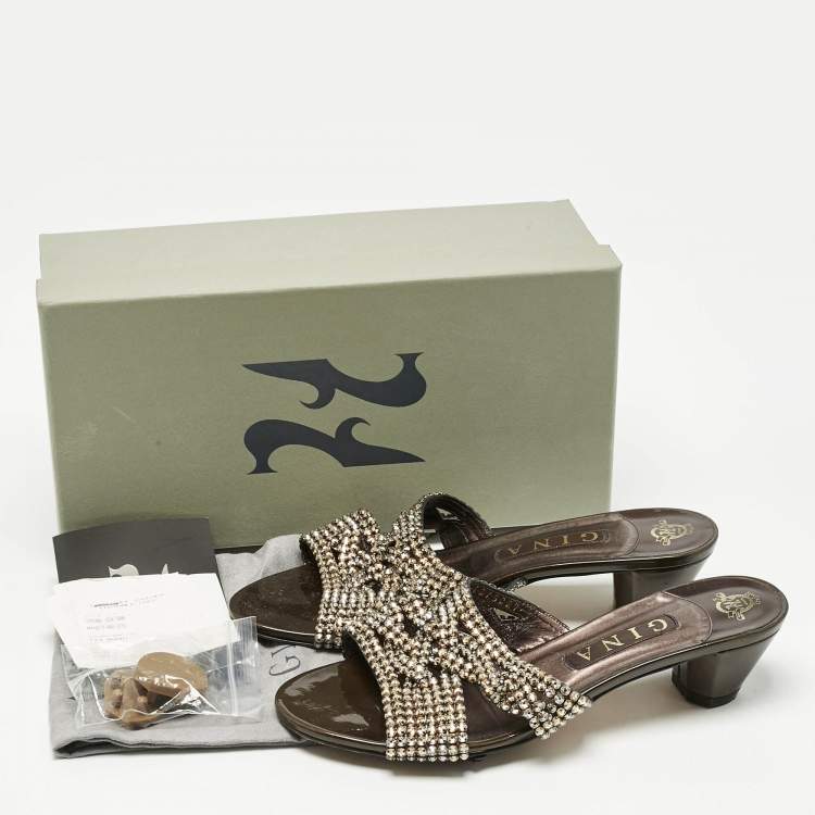 Pre Owned Gina Metallic Leather Crystals Embellished Slide Sandals Size 40