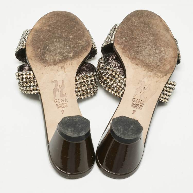Pre Owned Gina Metallic Leather Crystals Embellished Slide Sandals Size 40