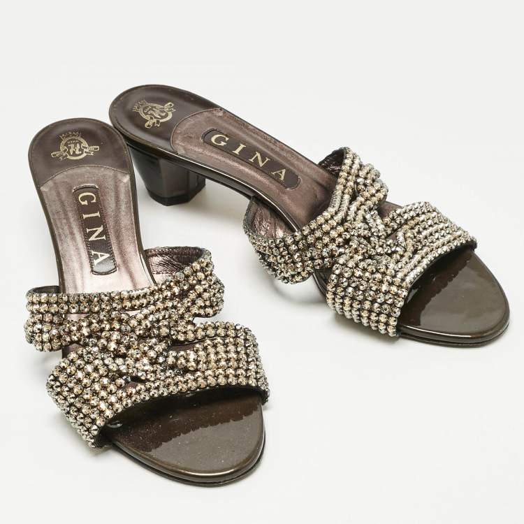 Pre Owned Gina Metallic Leather Crystals Embellished Slide Sandals Size 40