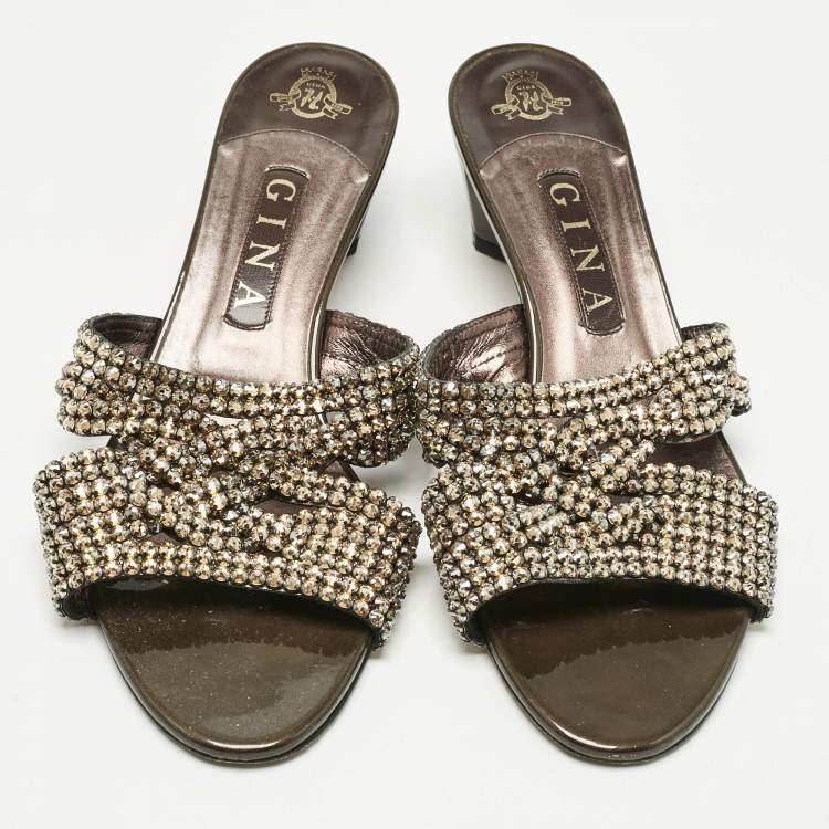 Pre Owned Gina Metallic Leather Crystals Embellished Slide Sandals Size 40