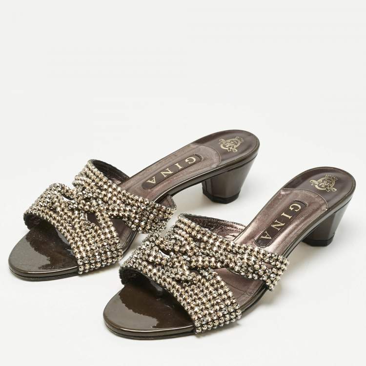 Pre Owned Gina Metallic Leather Crystals Embellished Slide Sandals Size 40