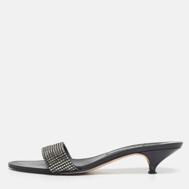Pre Owned Gina Black/Silver Leather Crystal Embellished Slide Sandals Size 40