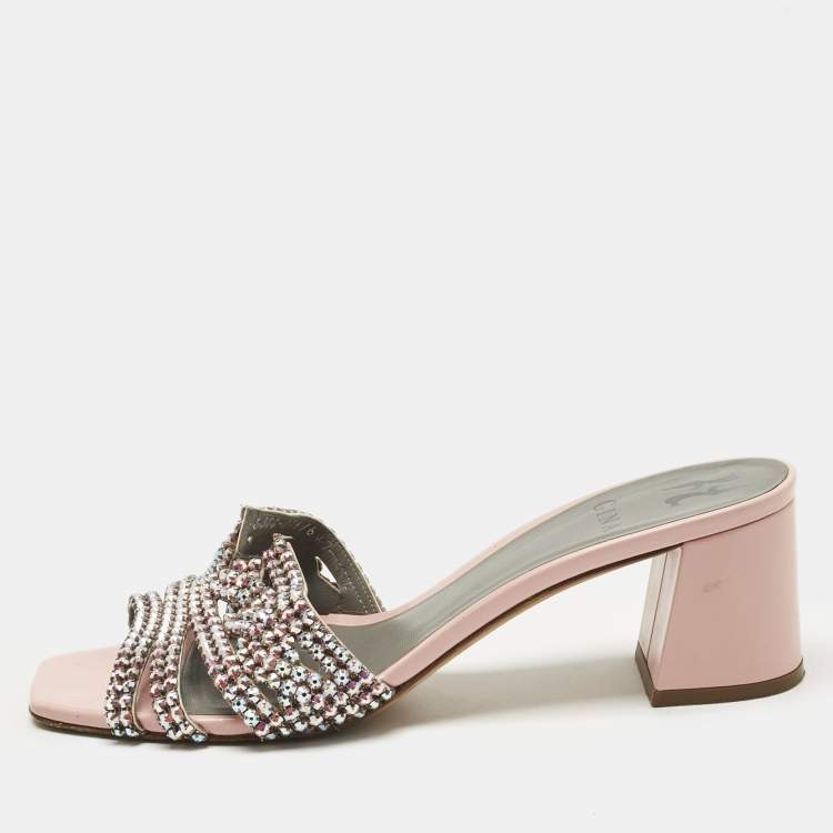 Pre Owned Gina Pink Leather Crystal Embellish Arizona Slide Sandals Size 38.5
