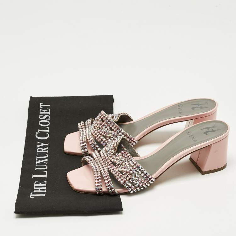 Pre Owned Gina Pink Leather Crystal Embellish Arizona Slide Sandals Size 38.5