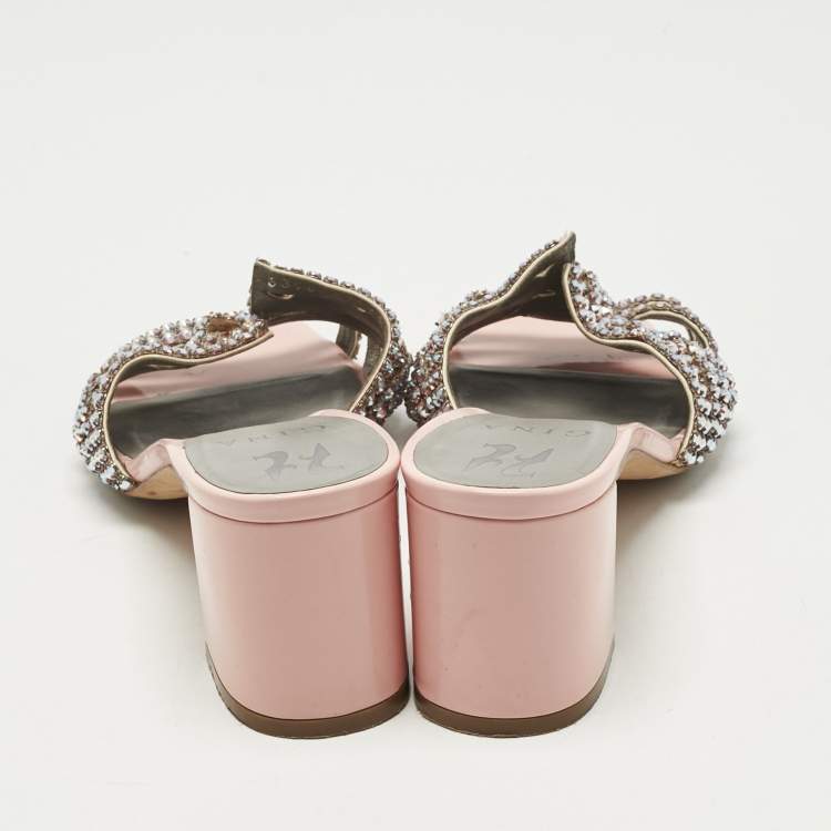 Pre Owned Gina Pink Leather Crystal Embellish Arizona Slide Sandals Size 38.5