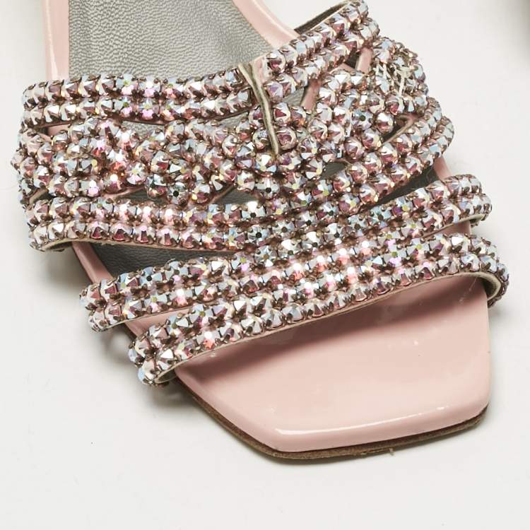 Pre Owned Gina Pink Leather Crystal Embellish Arizona Slide Sandals Size 38.5