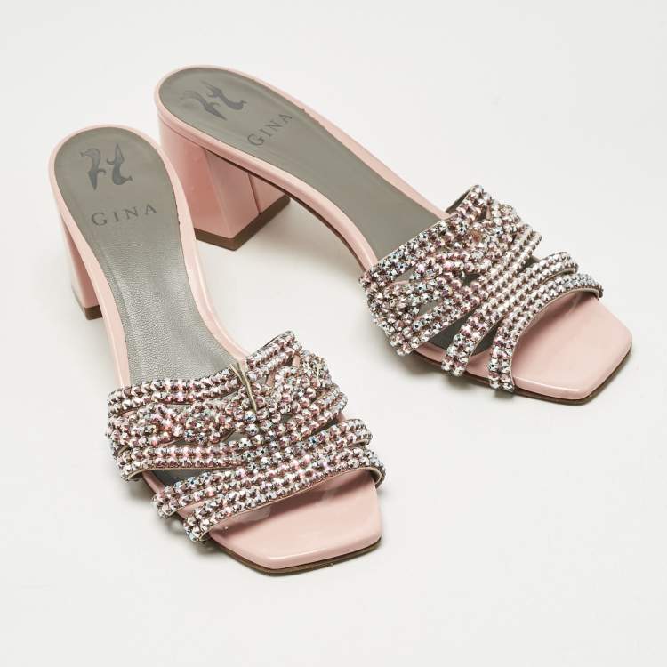 Pre Owned Gina Pink Leather Crystal Embellish Arizona Slide Sandals Size 38.5