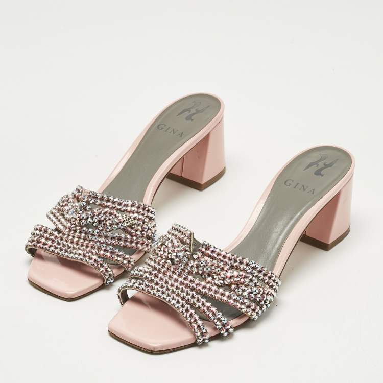 Pre Owned Gina Pink Leather Crystal Embellish Arizona Slide Sandals Size 38.5