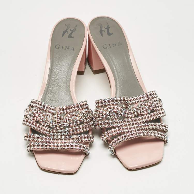 Pre Owned Gina Pink Leather Crystal Embellish Arizona Slide Sandals Size 38.5