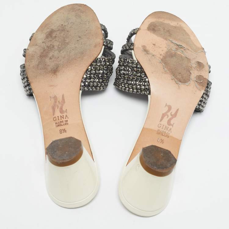 Pre Owned Gina Cream Patent Leather Crystal Embellished Slides Sandals Size 41.5