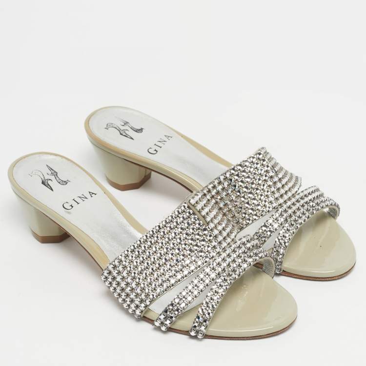 Pre Owned Gina Grey Leather Galaxy Crystals Slide Sandals Size 37