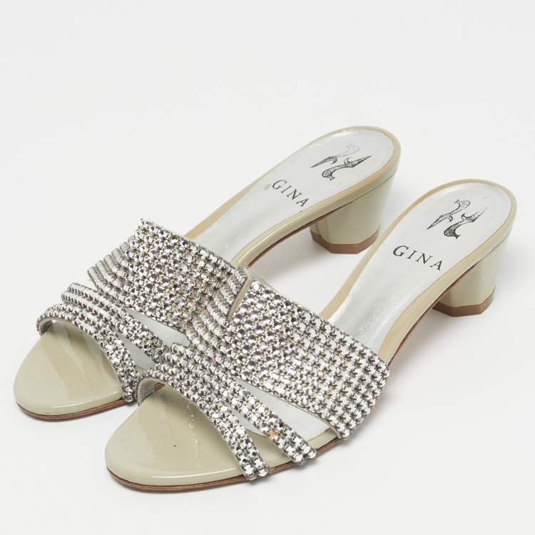 Pre Owned Gina Grey Leather Galaxy Crystals Slide Sandals Size 37