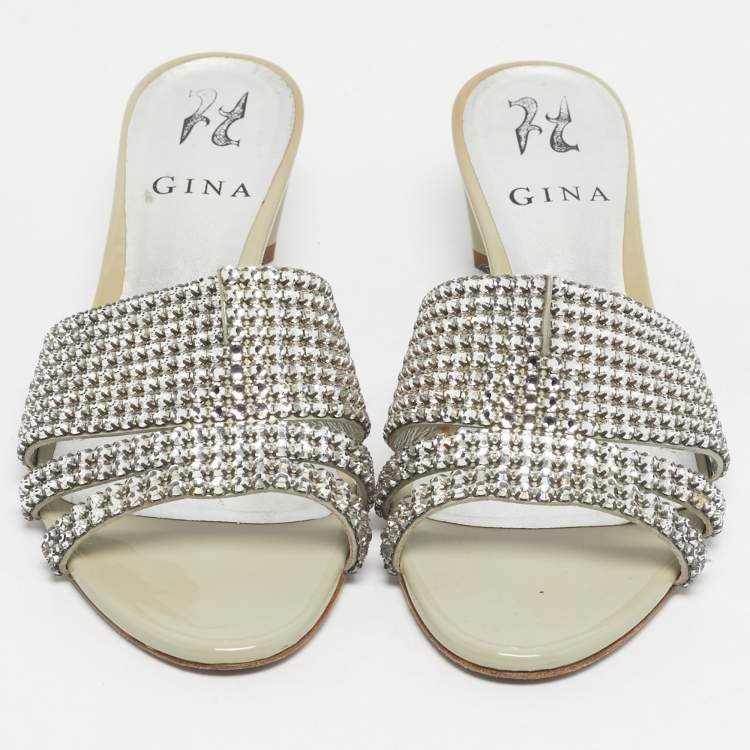 Pre Owned Gina Grey Leather Galaxy Crystals Slide Sandals Size 37